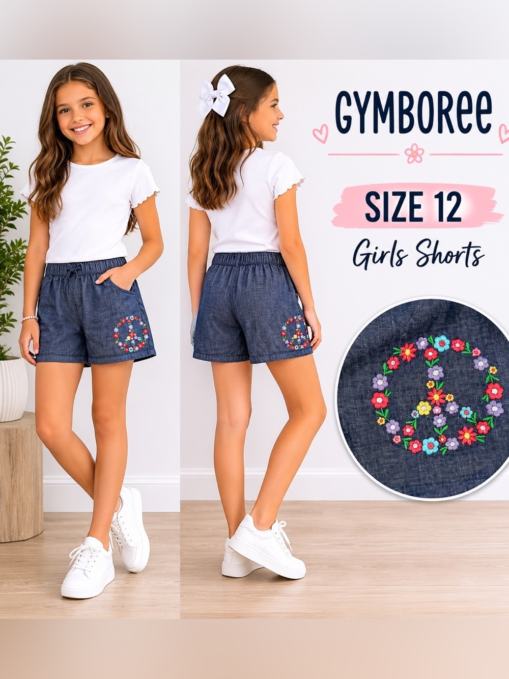 Gymboree Girls Chambray Shorts Floral Peace Sign summer style Size 12
